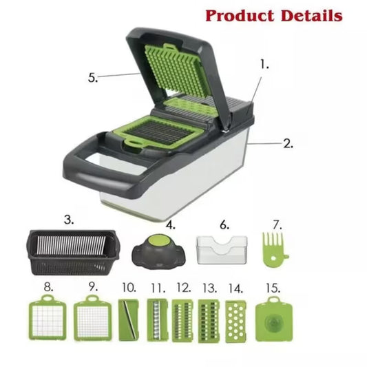Vegetable chopper with included accessory blades: grater insert, slicer pieces, and tools.