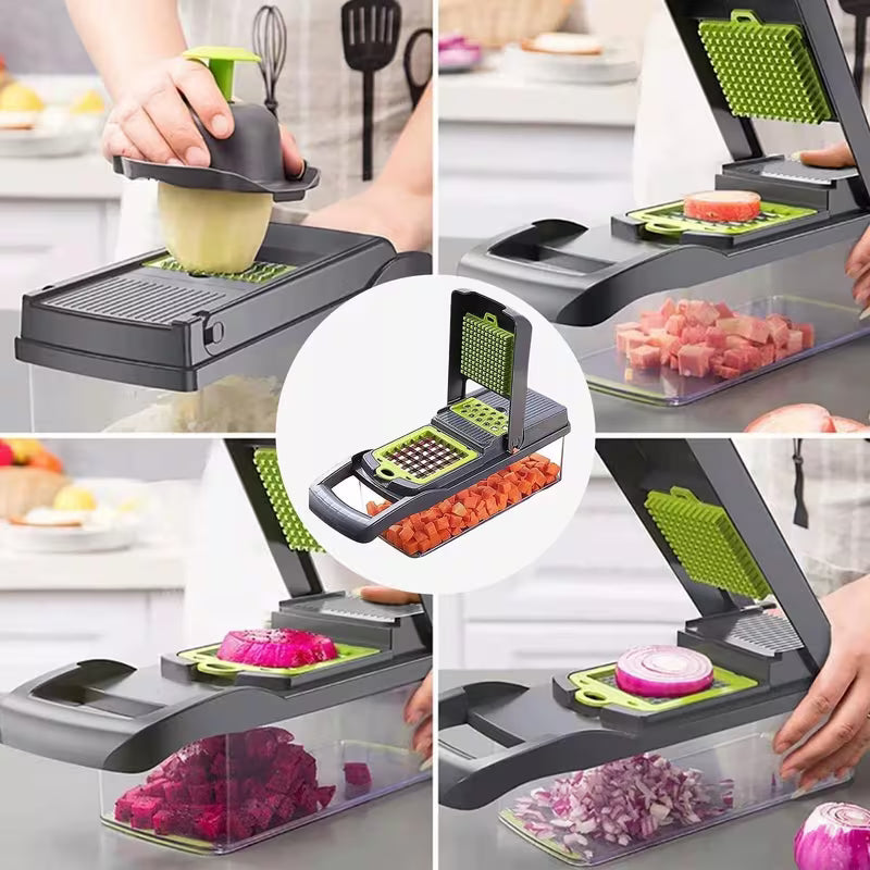 Multifunctional vegetable and salad chopper with green grater blades, used for slicing.