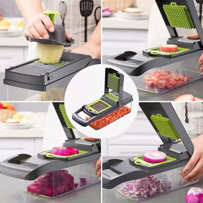 Multifunctional vegetable and salad chopper with green grater blades, used for slicing.