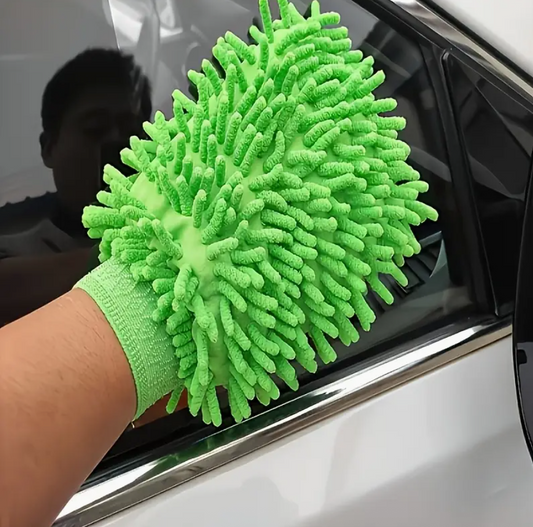 Neon green chenille microfiber cleaning mitt for car surfaces with wrist strap