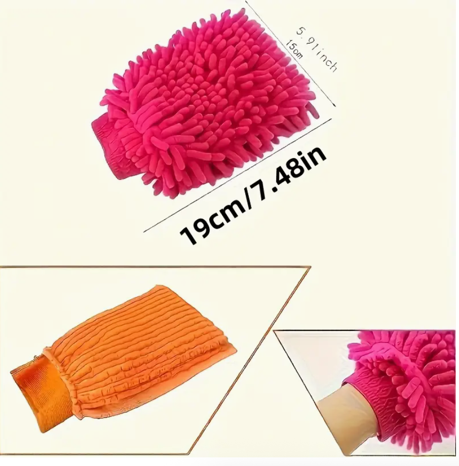 Pink chenille microfiber cleaning mitt, rectangular shape with thick looped fibers
