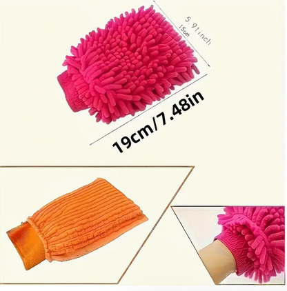 Pink chenille microfiber cleaning mitt, rectangular shape with thick looped fibers