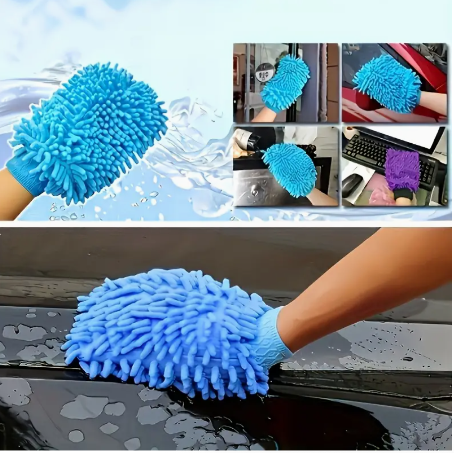 Light blue chenille microfiber cleaning mitt with thick looped pile