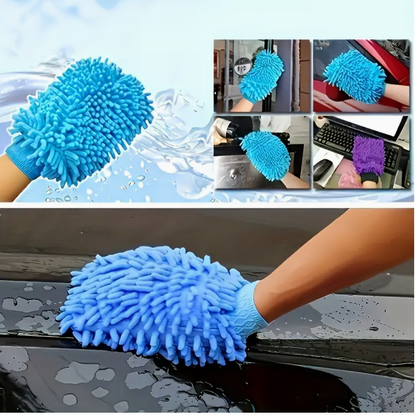 Light blue chenille microfiber cleaning mitt with thick looped pile