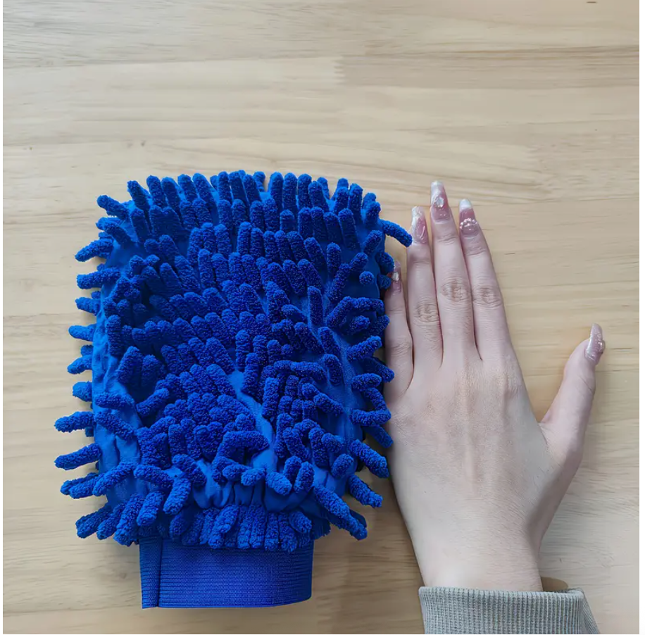 Blue chenille microfiber car wash cleaning mitt with elastic wrist cuff