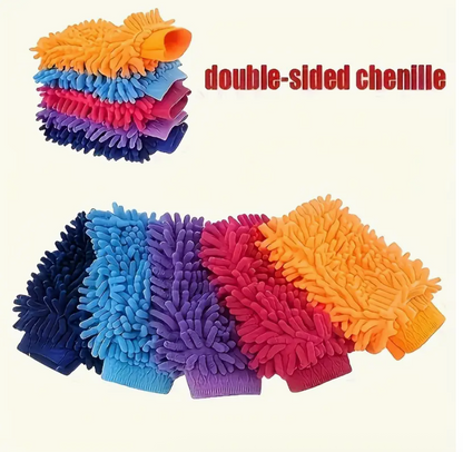 Double-sided chenille cleaning mitt set in orange, blue, purple, and pink