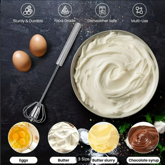 Stainless steel hand whisk with spring wire loops for manual mixing and milk frothing
