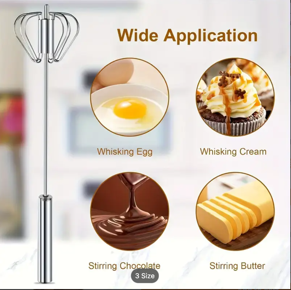 Stainless steel hand whisk with long stem and wire loops for whipping and stirring