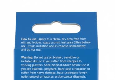 Blue kinesiology tape box insert with how-to-use and warning text