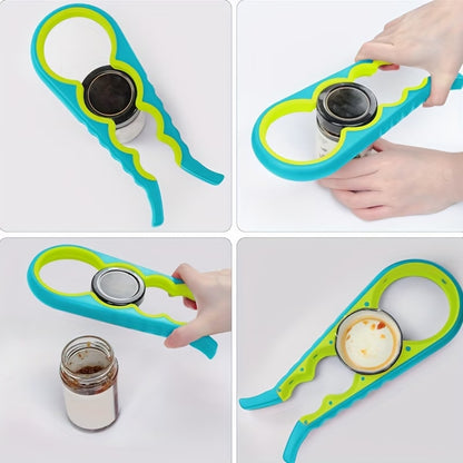Green and blue jar opener tool gripping a metal lid on a glass jar