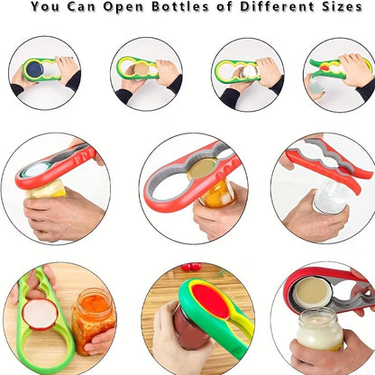 Jar and bottle opener tool shown in use on different lid sizes, with hands