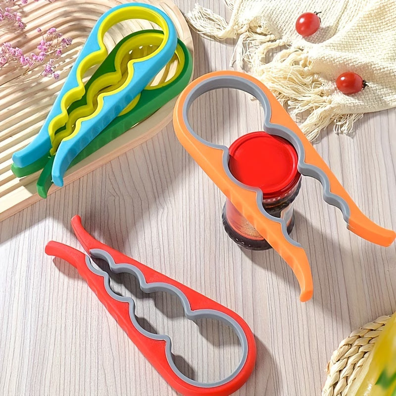 Three multi-size jar and bottle opener tools in green, orange, and red