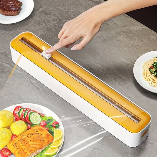Kitchen cling film and foil dispenser with yellow lid, built-in cutter bar