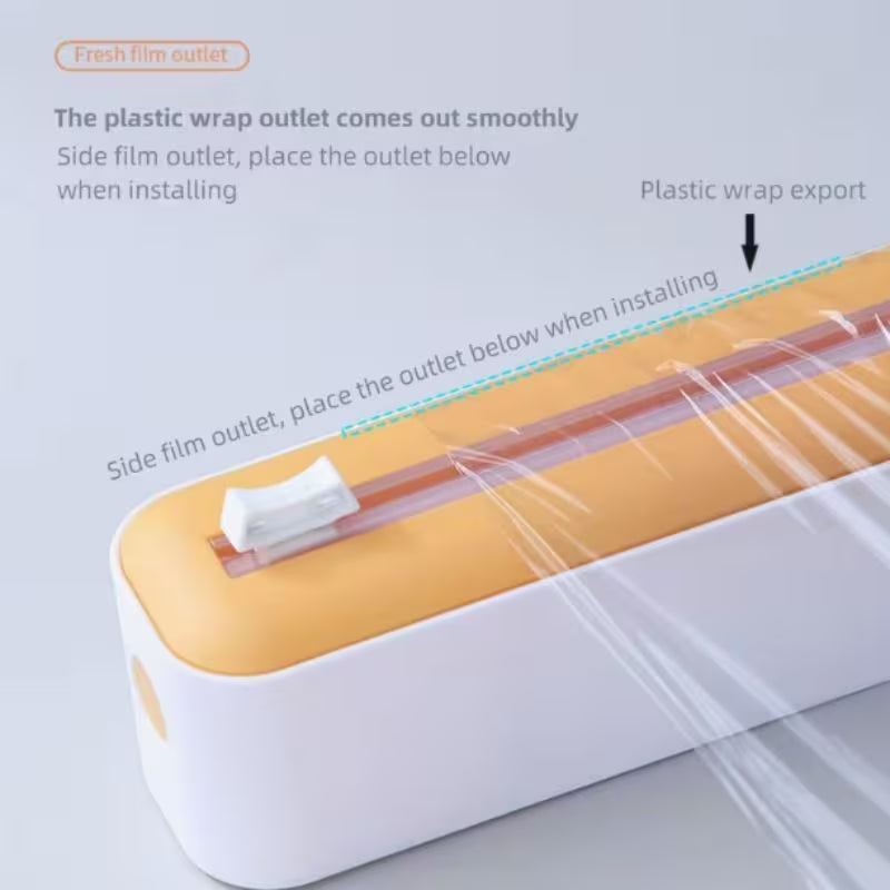White and orange wrap dispenser with cutter outlet and film guided channel