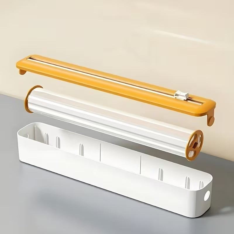 White base with yellow top and long cutting channel for cling film and foil