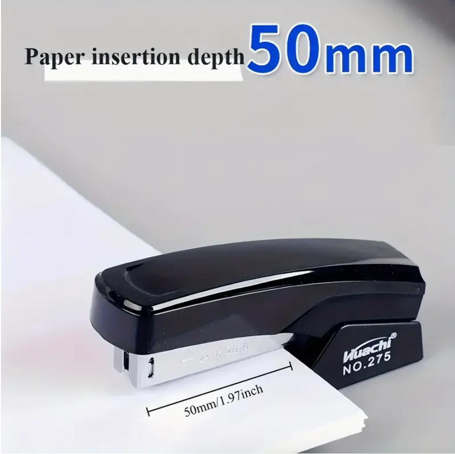 Black desktop stapler with 50mm paper insertion depth
