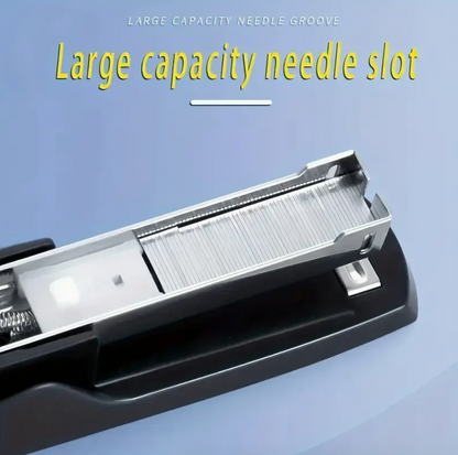 Large capacity needle slot on a black desktop stapler