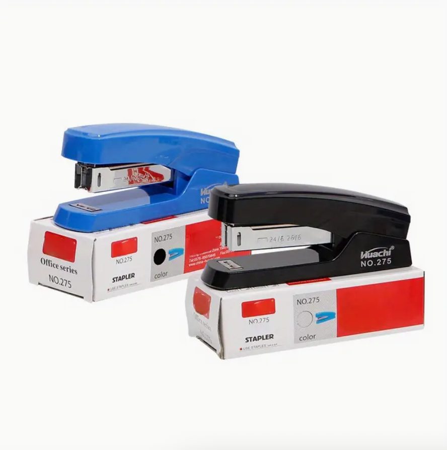 Desktop stapler with staple boxes, blue and black colors