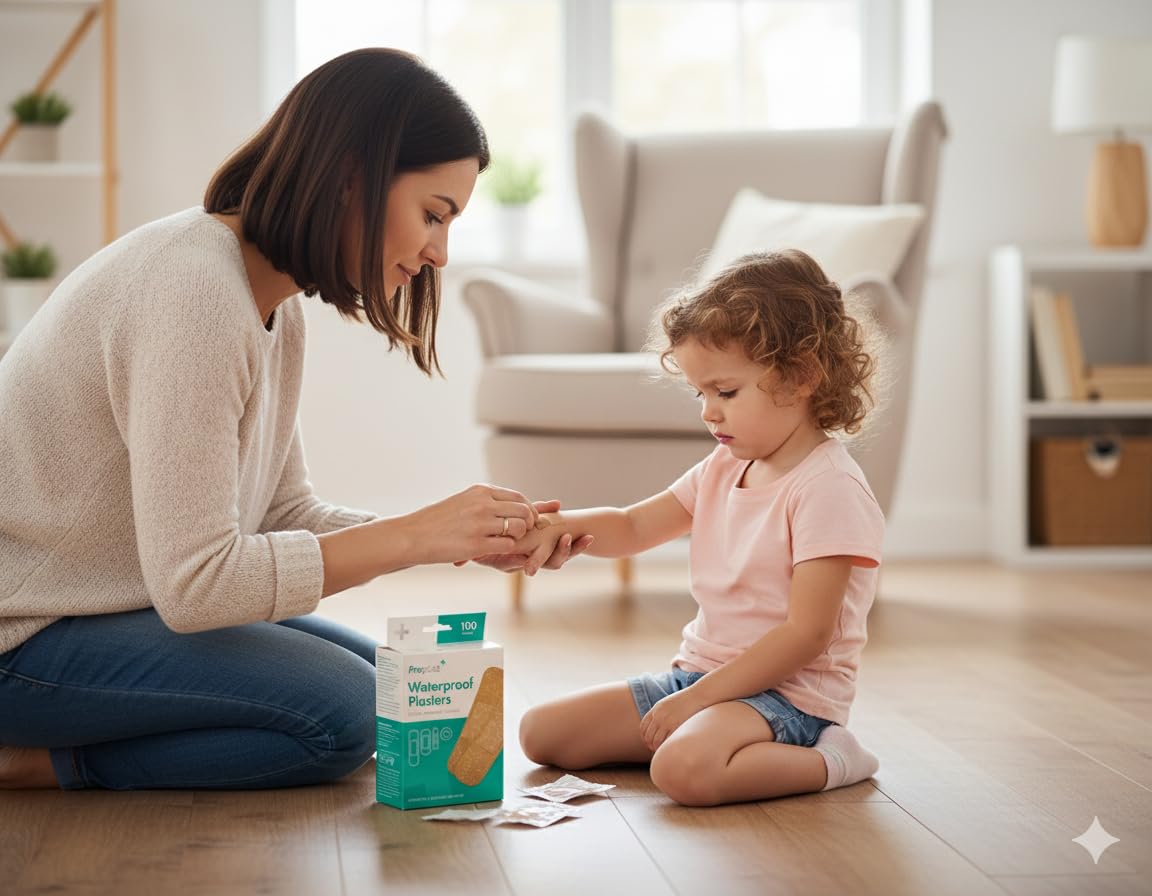 Waterproof plaster box and adhesive bandage being applied to child's hand.
