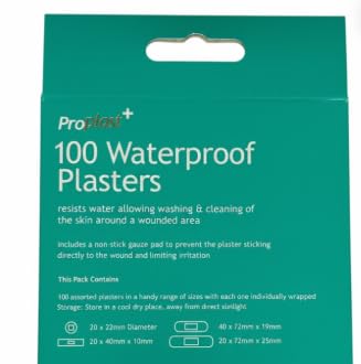 Green box of waterproof plasters with count and pack-size details.