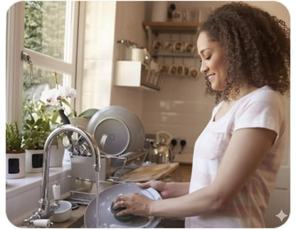 Dishwashing scene with stainless steel scouring pad scrubbing a pot in kitchen.