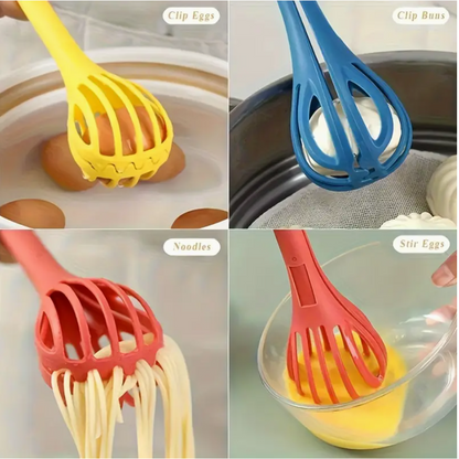 2-in-1 manual egg beater tool, yellow and red silicone whisk attachments in a bowl