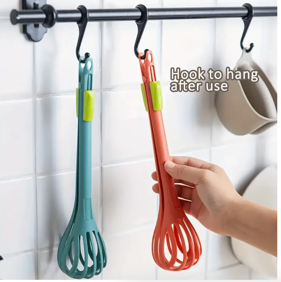 2-in-1 manual egg beater tool with hooks for hanging after use