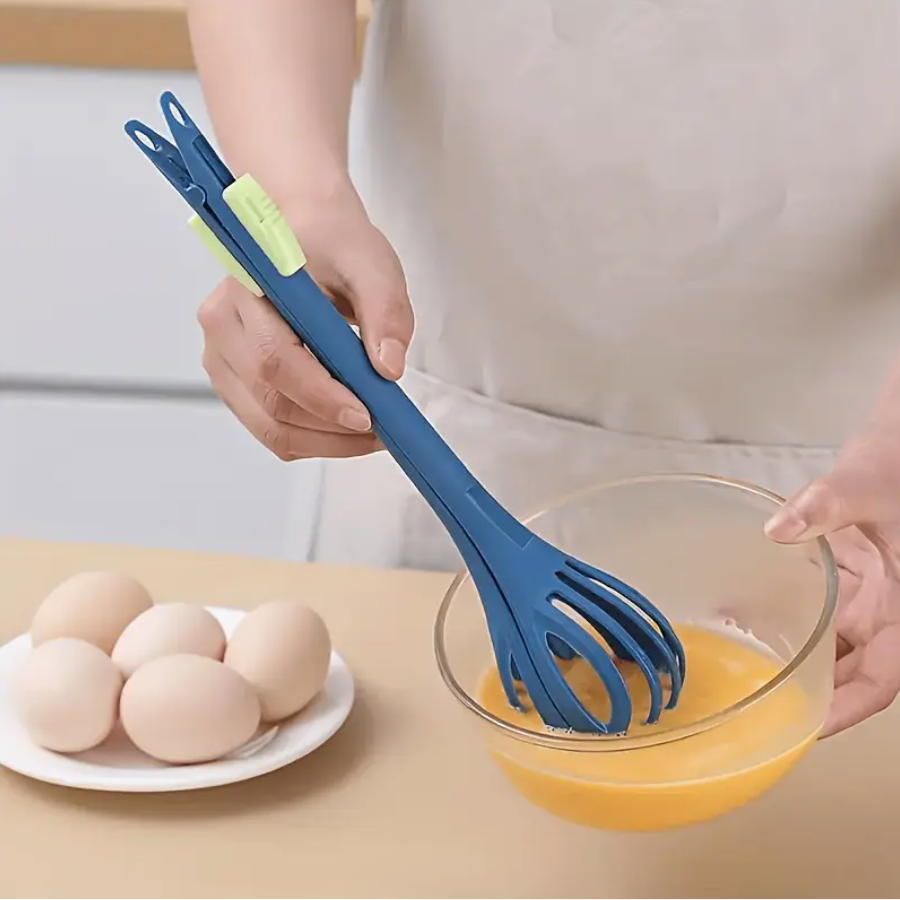 2-in-1 manual egg beater tool, blue silicone whisk head mixing in a bowl