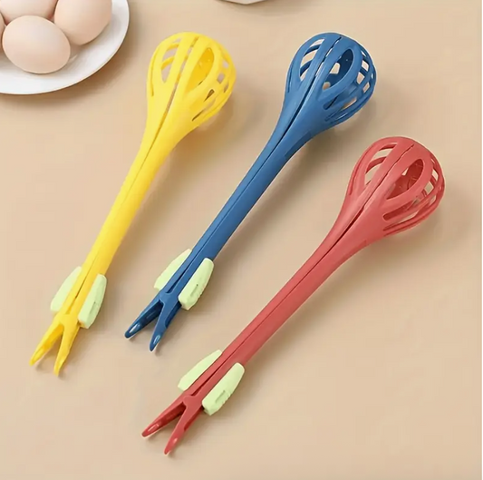 2-in-1 manual egg beater tool set with yellow, blue, and red silicone whisk heads