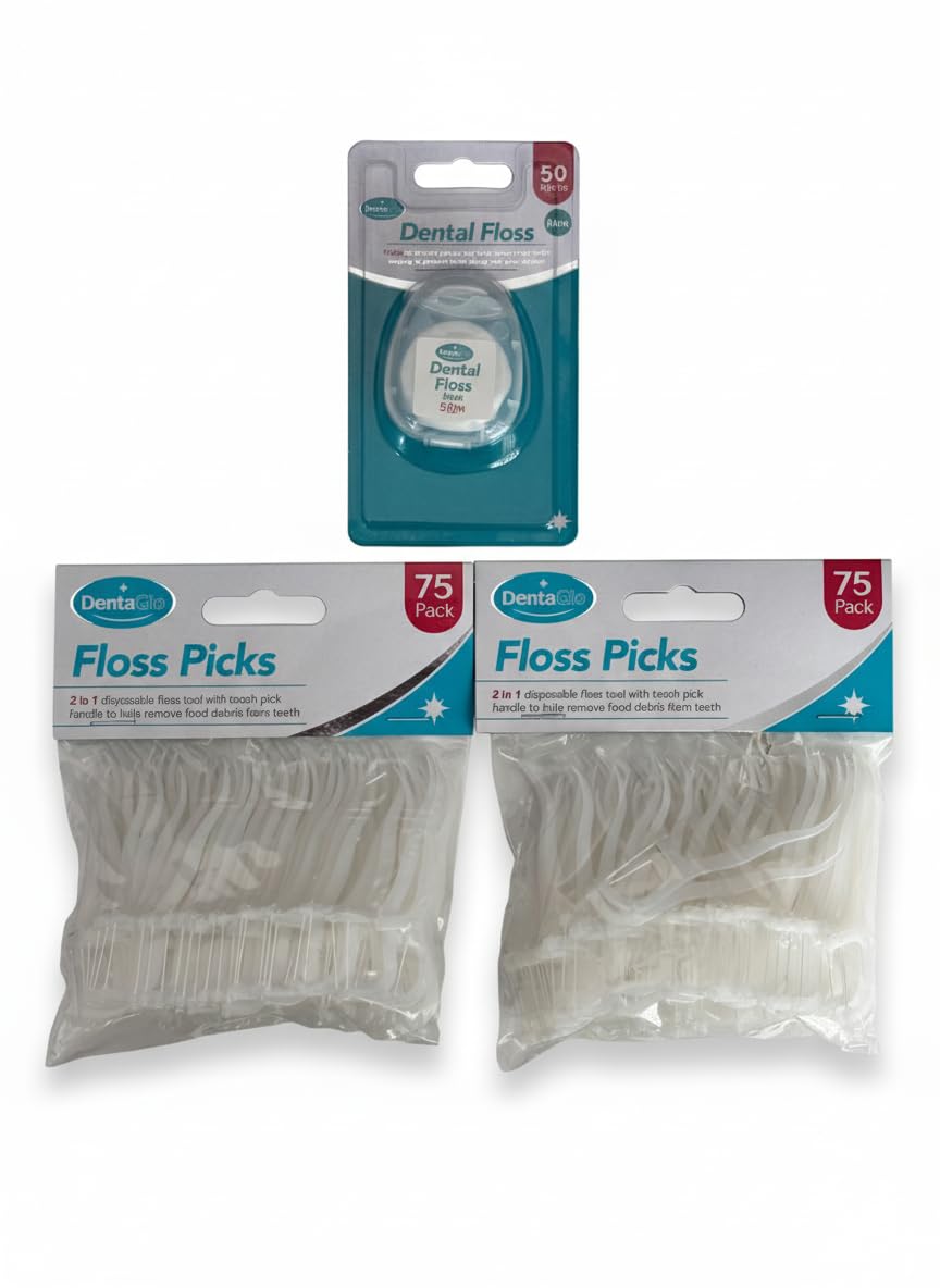 Dental floss container with mint floss, labeled 50 total