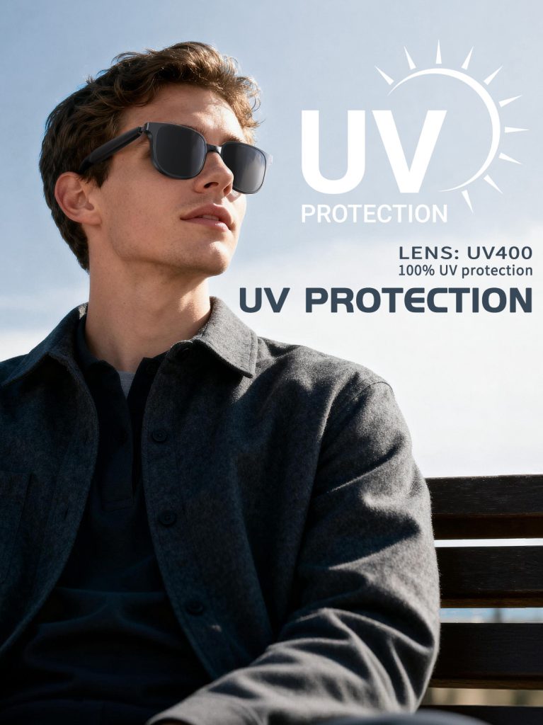 Black open-ear Bluetooth audio sunglasses worn by a person outdoors