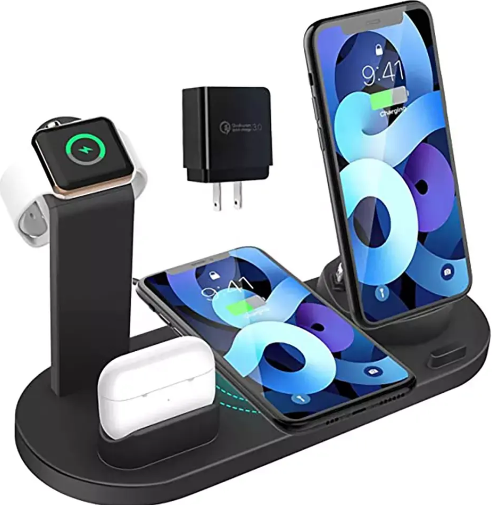 Black 3-in-1 wireless charging stand with phone, smartwatch dock, and AirPods cradle