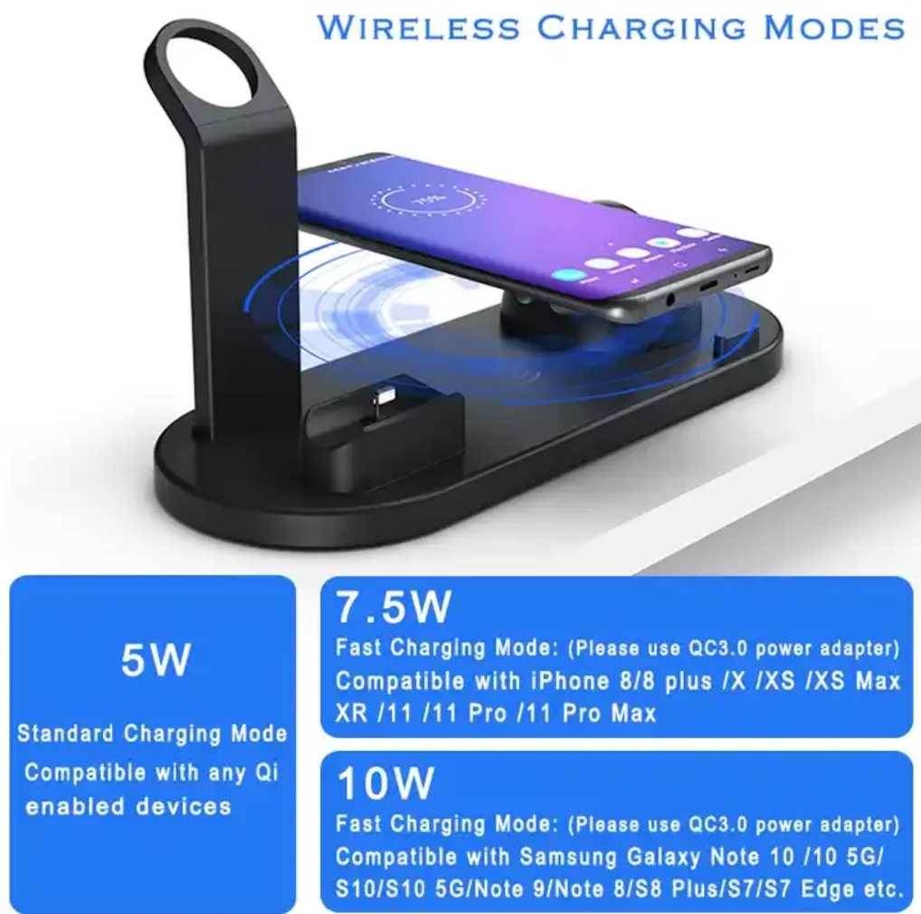 Black 3-in-1 wireless charging dock holding a phone on a charging pad