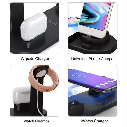 Black charging dock with AirPods cradle and phone stand, plus smartwatch holder