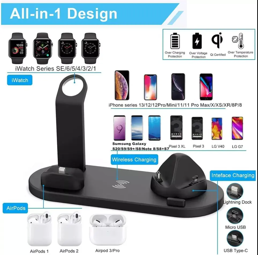Black multi-device wireless charging stand with watch bracket and AirPods charging area