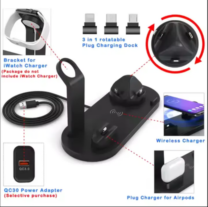 Black 3-in-1 wireless charging dock with watch stand, phone stand, and cable