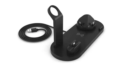Black 3-in-1 wireless charging dock base with cable and two charging pads