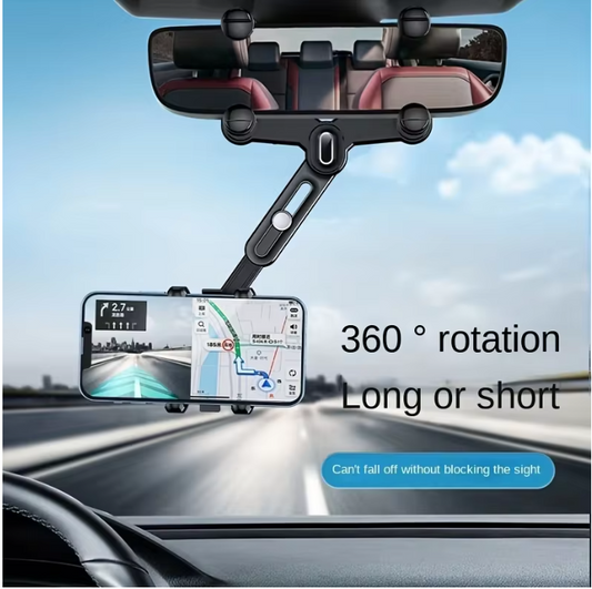 Rearview mirror phone mount holding a smartphone with 360° rotation, black