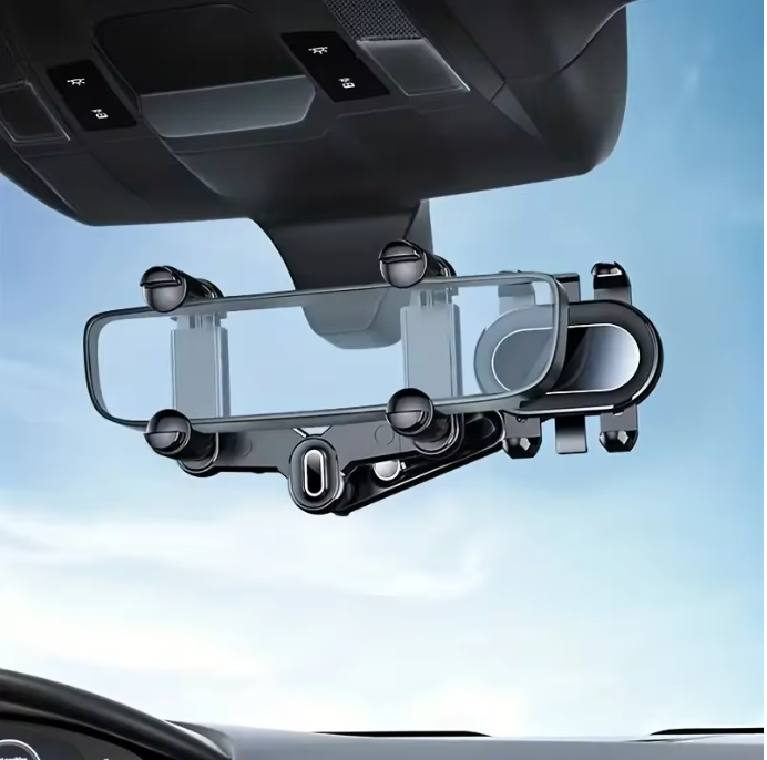 Rearview mirror phone mount with quad side clamps and rotating center bar, black
