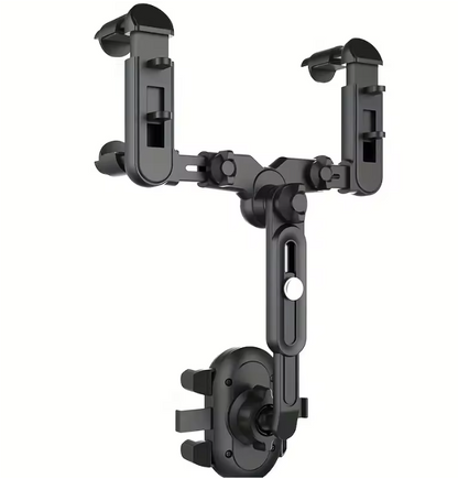 Rearview mirror phone mount with four adjustable side clamps and central rotating arm, black