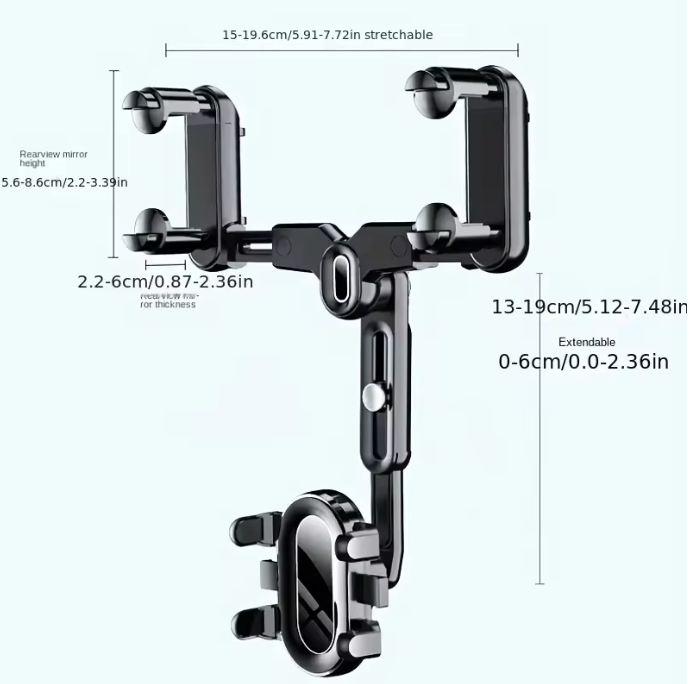 Adjustable rearview mirror phone mount with extendable arm and rotating bracket, black