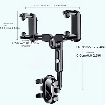 Adjustable rearview mirror phone mount with extendable arm and rotating bracket, black