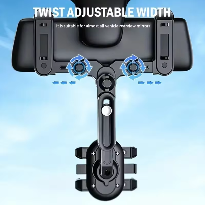 Rearview mirror phone mount with twist-adjustable side arms and central rotating joint, black