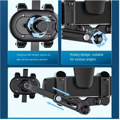Rearview mirror phone mount with 360° rotating bar and adjustable clamps, black