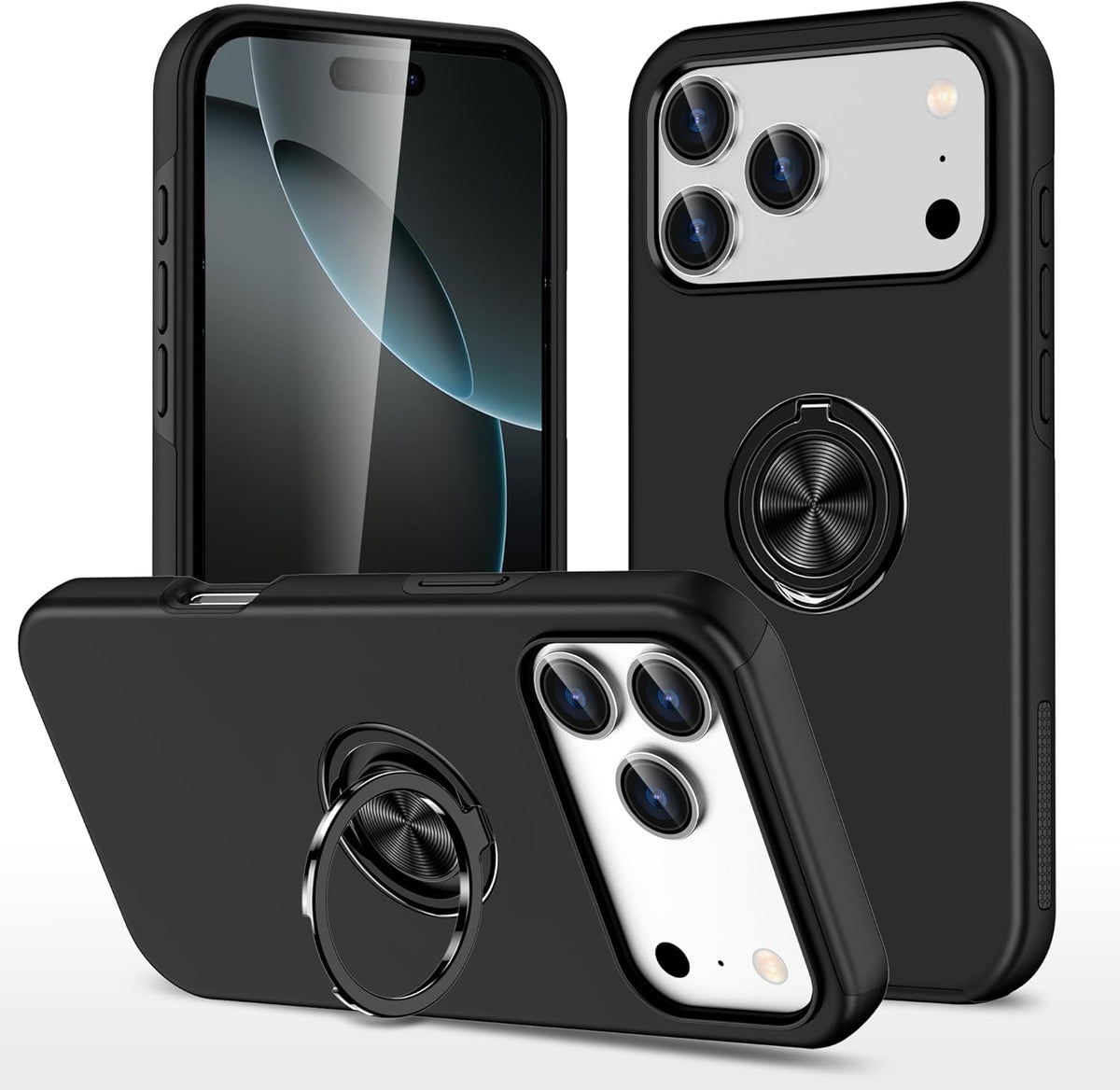 Pair of black phone cases with magnetic ring stand, showing front and back camera openings