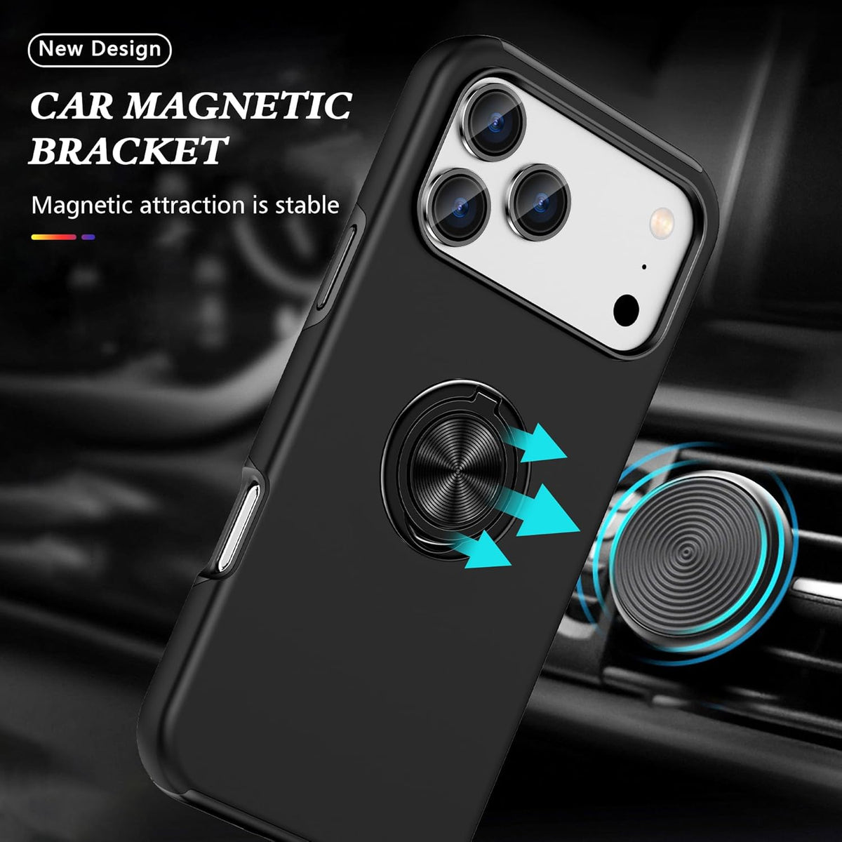 360° magnetic ring phone case, glossy black back with ring magnet detail and side buttons