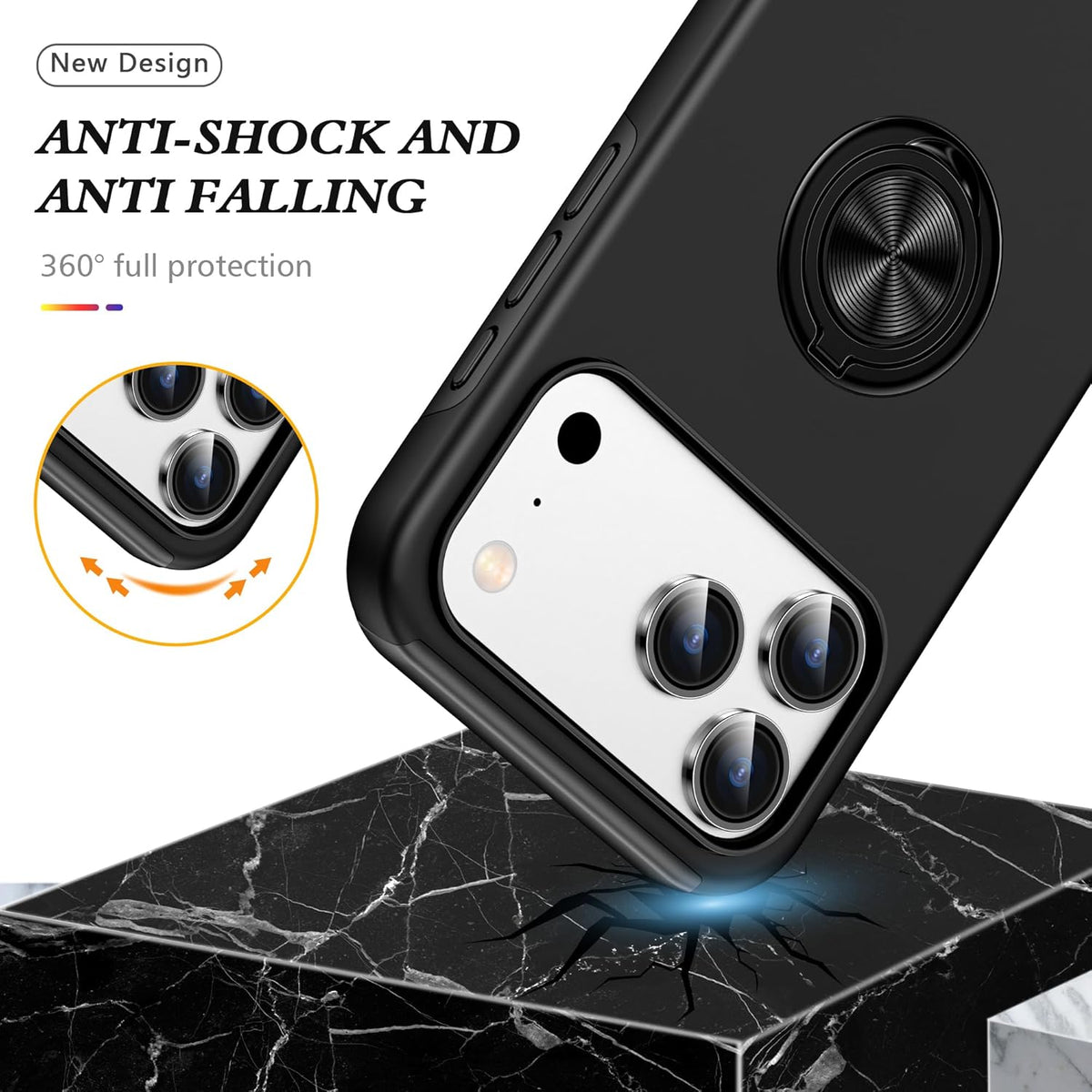 Black phone case with ring stand and anti-fall bumper, camera cutouts and grip texture