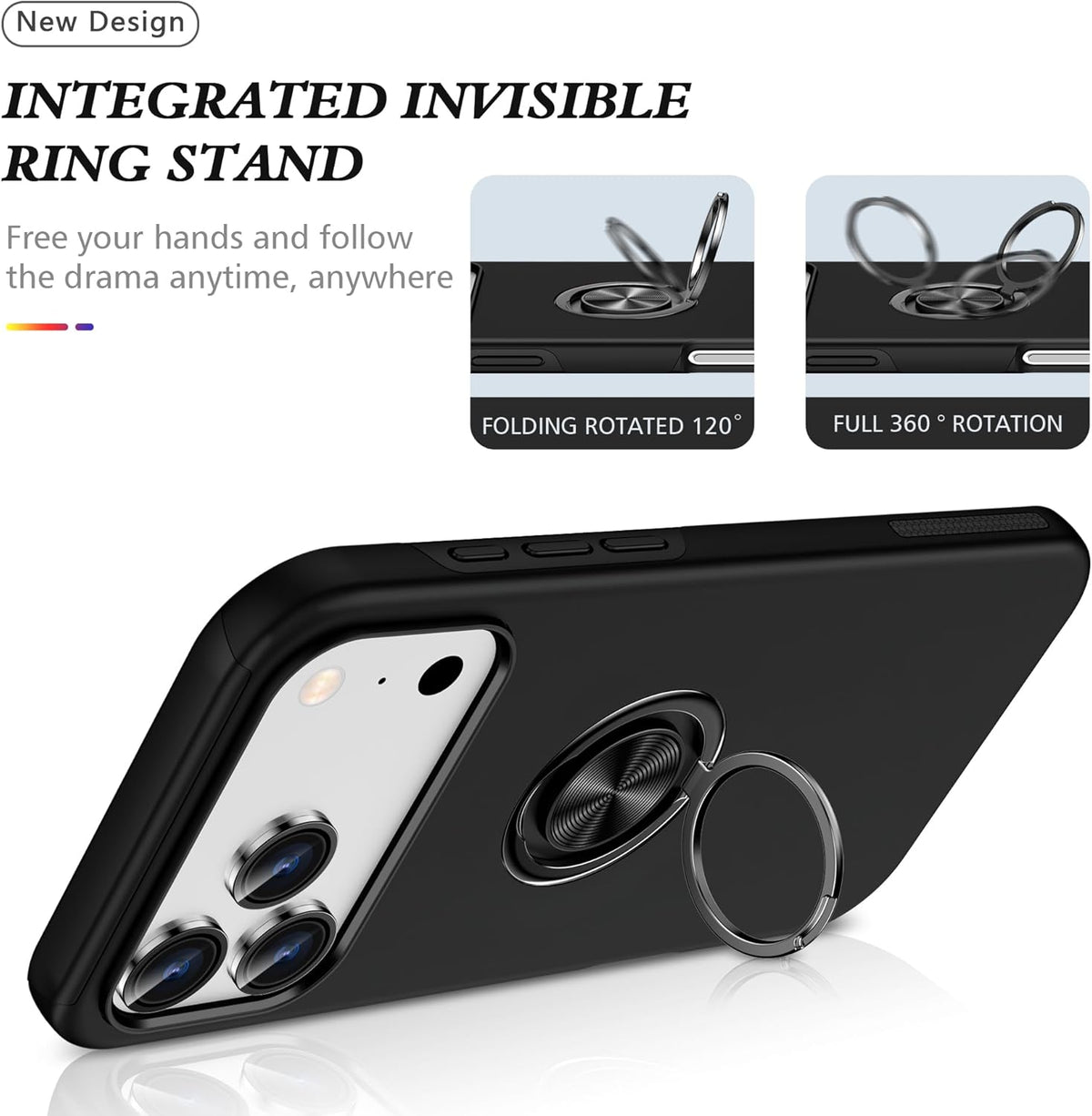 Black phone case with integrated folding ring stand for 360° rotation, camera cutouts