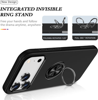 Black phone case with integrated folding ring stand for 360° rotation, camera cutouts