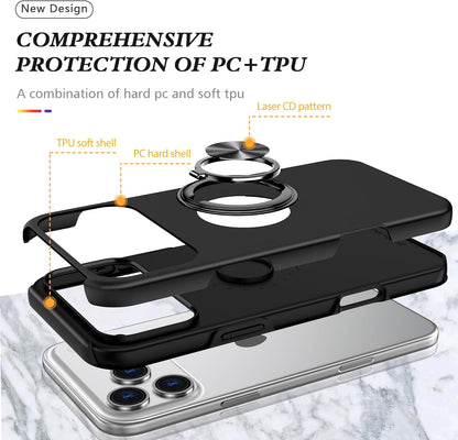 Black PC+TPU phone case with magnetic ring stand, raised edges and camera openings